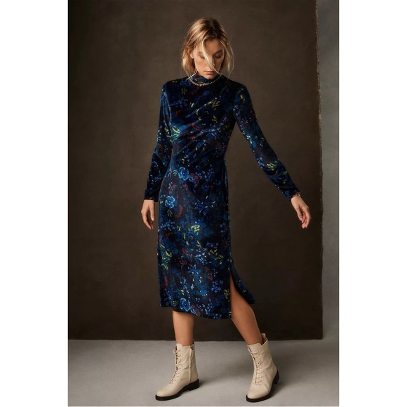 Maeve Constance Velvet Midi Dress Womens Small Blue Floral Party Holiday Boho - Picture 4 of 14
